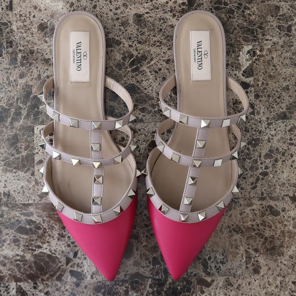 Valentino Garavani Shoes - Valentino Fuchsia Nappa Rockstud Caged Flat Mules